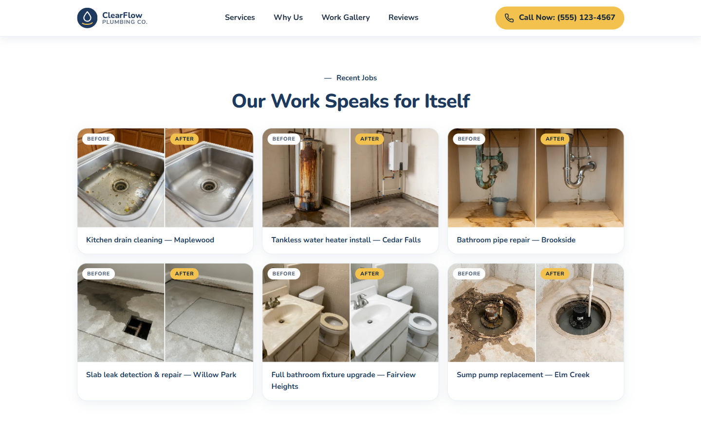 Before and after work gallery on the ClearFlow website