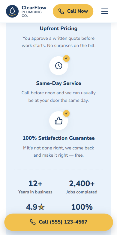 Mobile trust section with animated stats