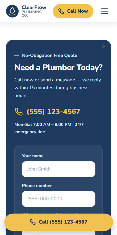 Mobile quote form with click-to-call bar