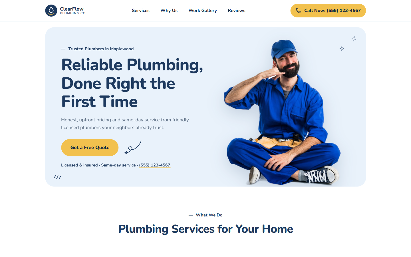 The ClearFlow Plumbing landing page hero — friendly plumber, clear call to action